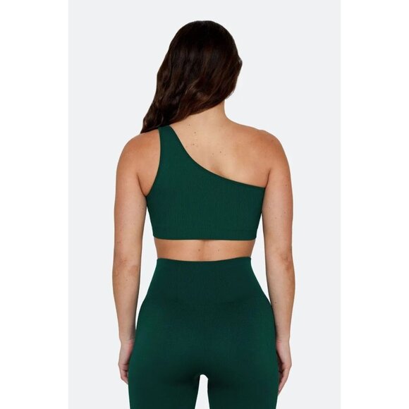 SET ACTIVE Mojito Dark Green Seamless Ribbed One Shoulder Sports Bra Top, Size S - Picture 2 of 10